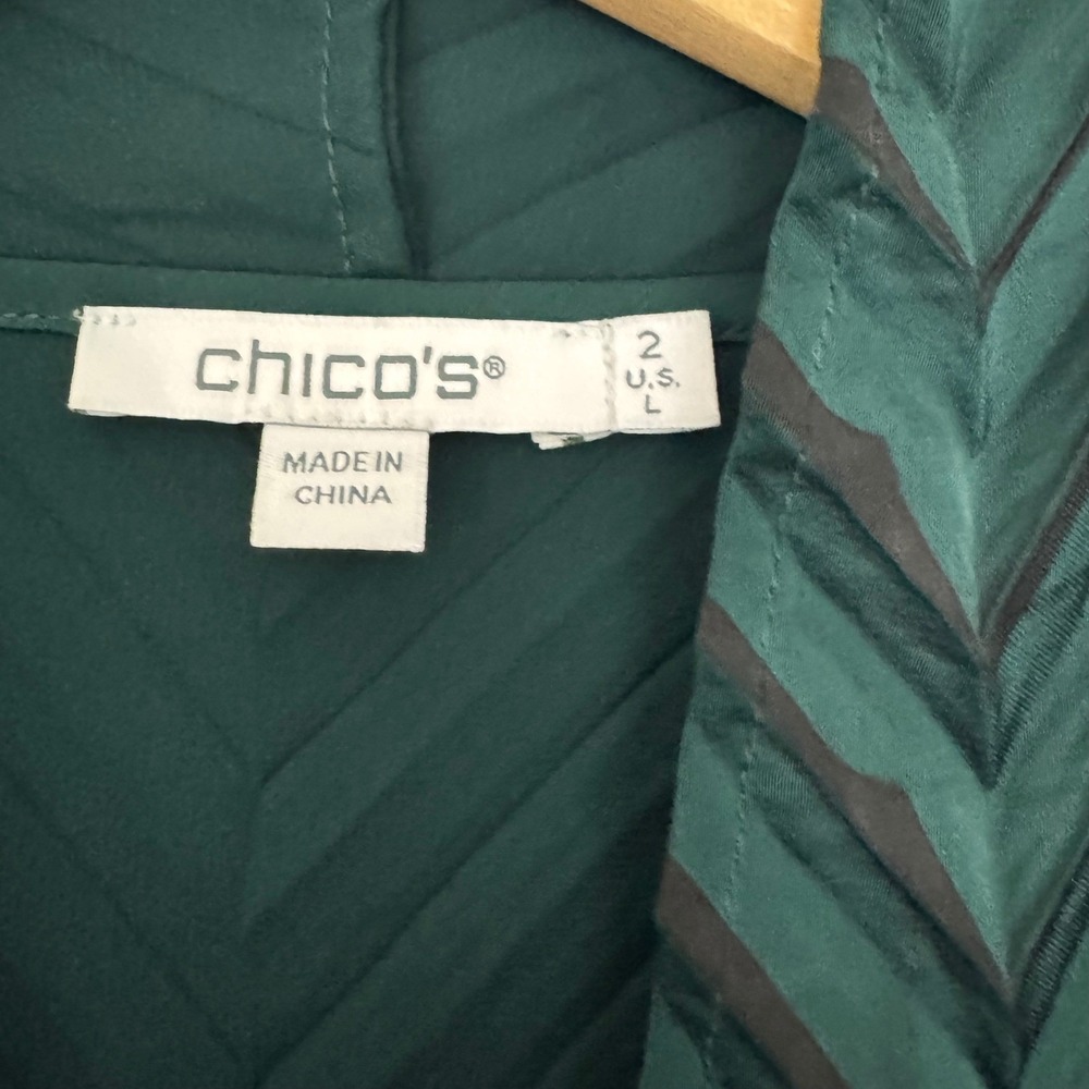 Chicos Emerald Green Chevron Pleated Open Front Cardigan Topper Size 2 Large - Picture 4 of 8